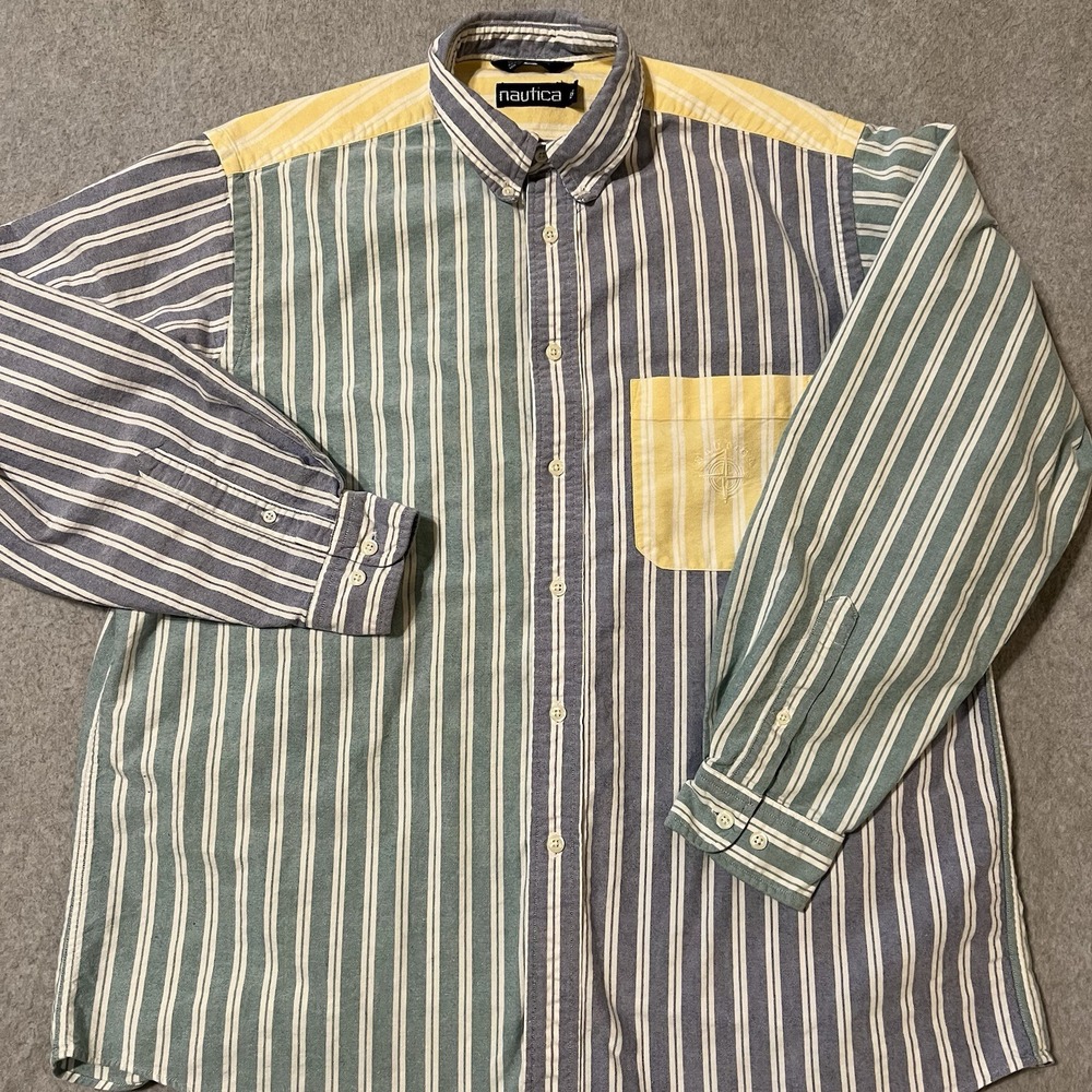 Nautica Shirt Mens Large Pastel Stripes ColorBlock 90's Y2K Preppy Skate Hip Hop